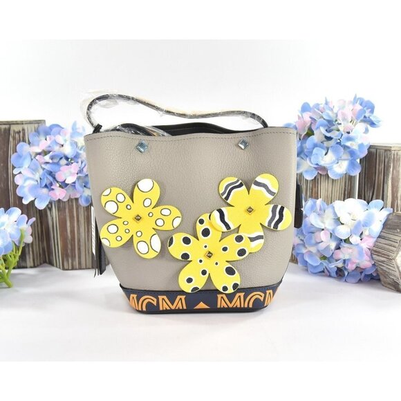 MCM Handbags - MCM Yellow Grey Goatskin Mini Upcycling Project Flower Milano Drawstring Bag NWT
